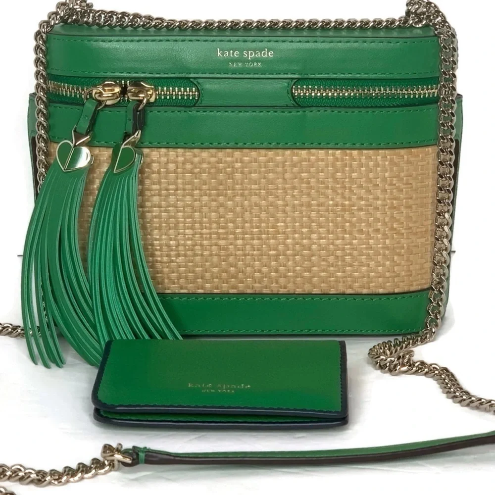 Kate Spade Rose Straw Green Crossbody Bag Wallet